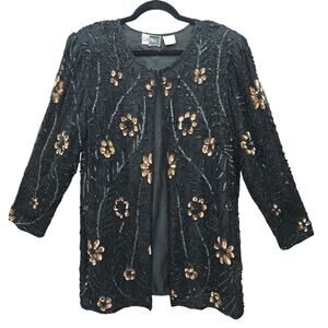 Carina Silk Jacket Womens XL Sequin Black Gold Wedding Mother Bride Groom Guest